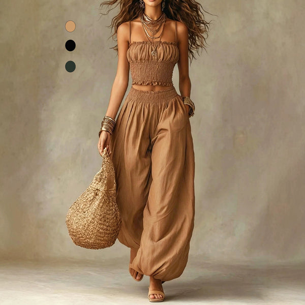 Elegant Strapless Cropped Camisole Paired With Lantern Pants Set