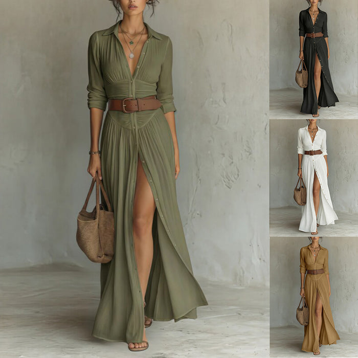Women's Casual V-Neck Long Dress with High Side Split - Versatile Loose Fit Maxi Gown for Daily Wear
