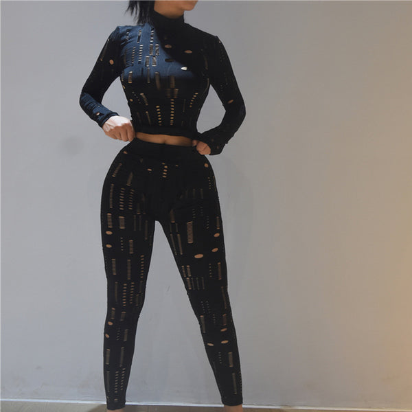 Women's New Sexy Cutout Ripped High Waist Tight Trousers Leisure Sports Suit Women