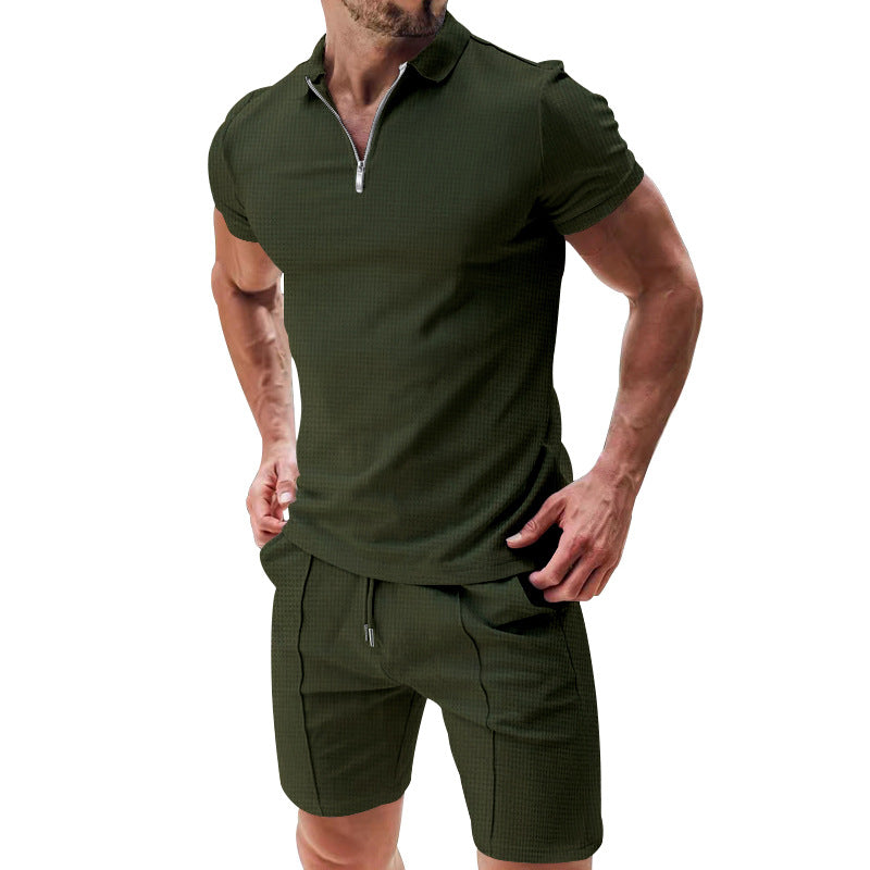 2-Piece Casual Waffle Suit Zipper Short-Sleeve Set