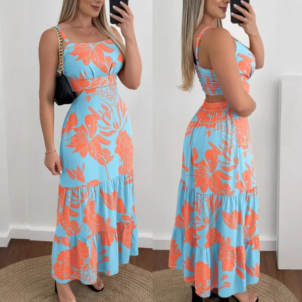 Rose-Print Strappy Casual Dress