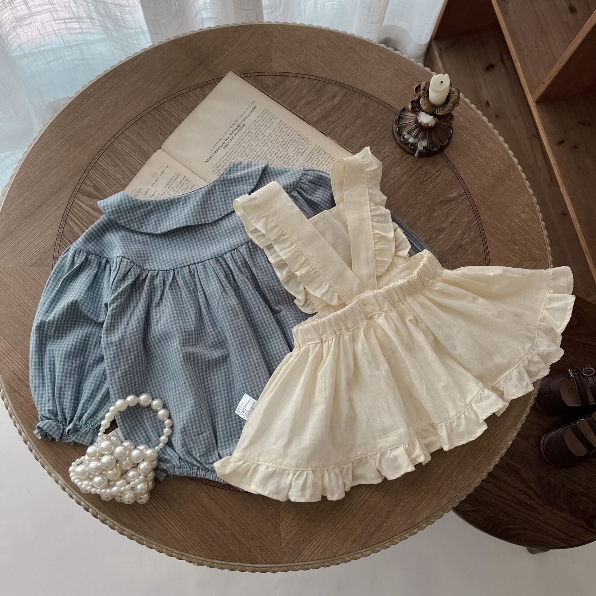 Infant Plaid Long Sleeve Romper and Sling Skirt Set