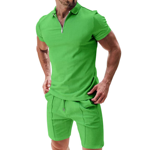 2-Piece Casual Waffle Suit Zipper Short-Sleeve Set