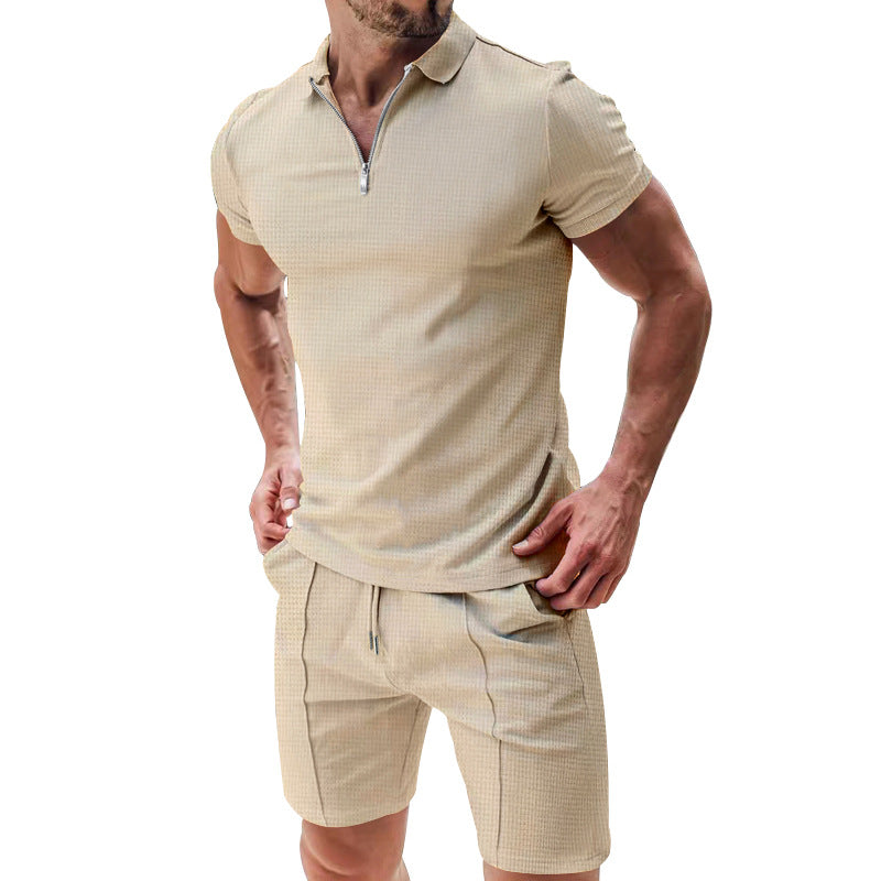 2-Piece Casual Waffle Suit Zipper Short-Sleeve Set