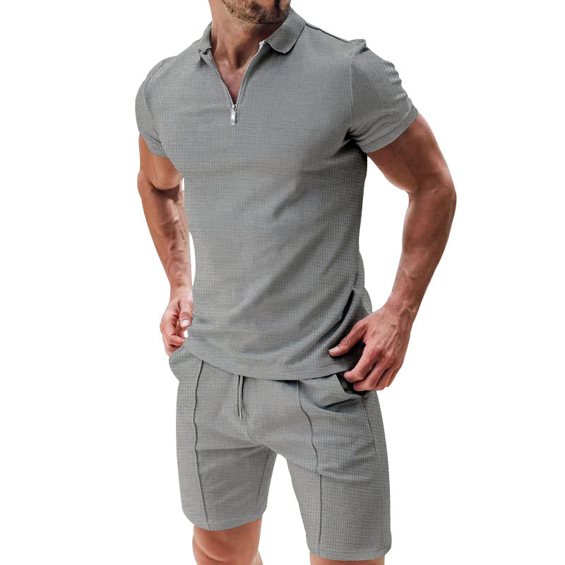 2-Piece Casual Waffle Suit Zipper Short-Sleeve Set
