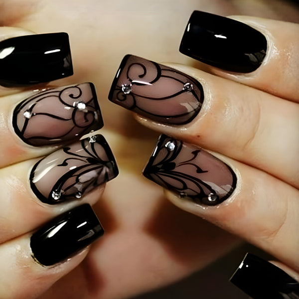 Dark Style Black Vine Press-On Nails — Gothic Nail Art