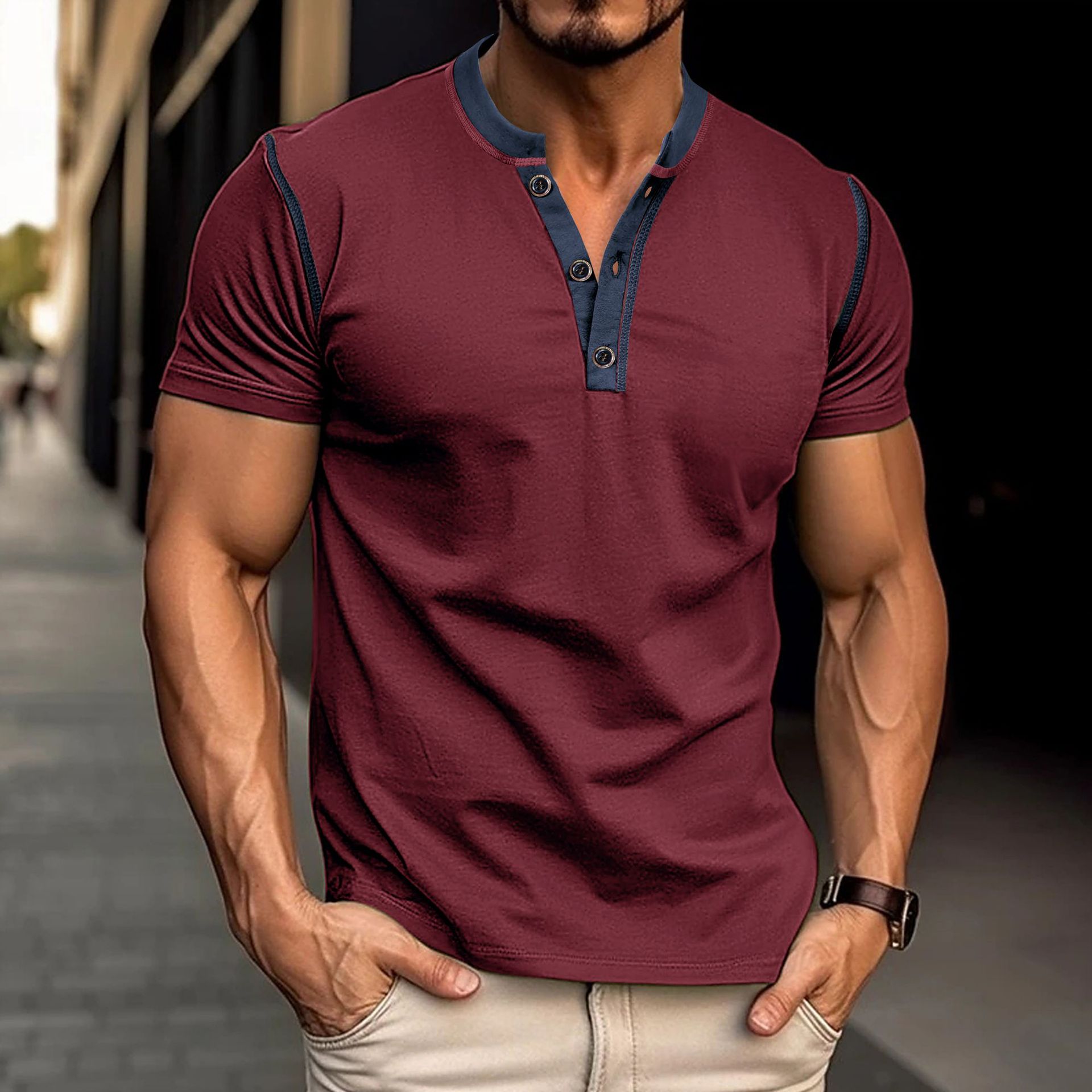 Men's Fashion Short-Sleeve V-Neck Polo Shirt