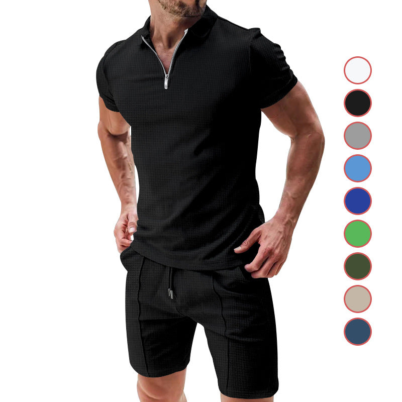2-Piece Casual Waffle Suit Zipper Short-Sleeve Set