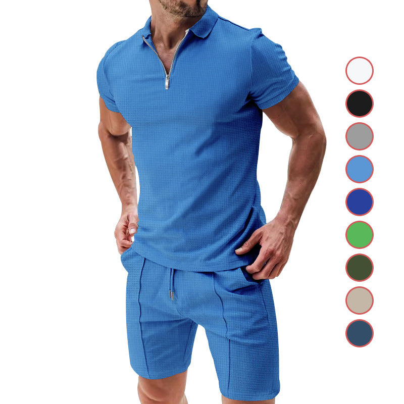 2-Piece Casual Waffle Suit Zipper Short-Sleeve Set