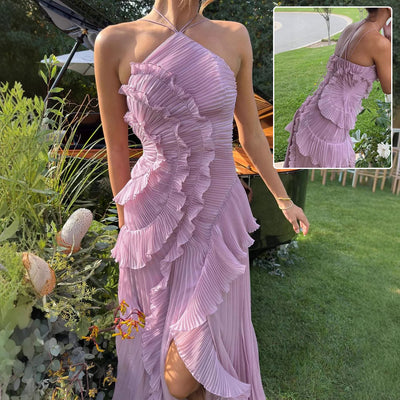 Ruffled Pleated Halter Evening Gown