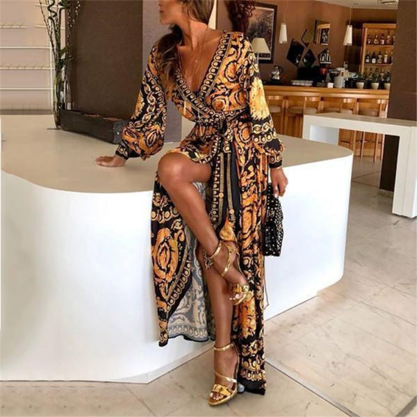 Printed V-Neck Maxi Dress with Slit
