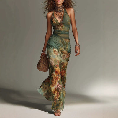 Retro Floral Lace-Up Halter Backless Dress