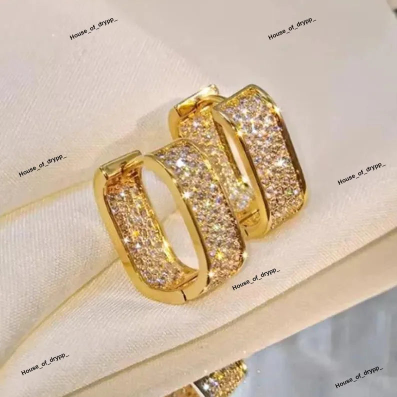 Luxury Rhodium Plated Hoop Earrings With Pave Setting Round Cut Moissanite Diamonds Iced Out Statement Hoops For Women