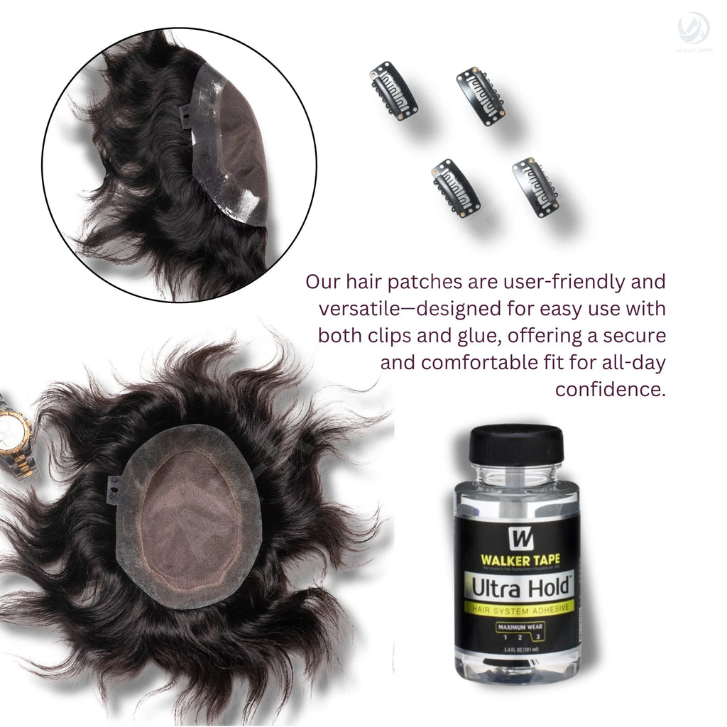 8x6 B M W Border Indian Remy Straight PU Glue/Clip in Hair Patch/Toupee for Men Basic Monofilament