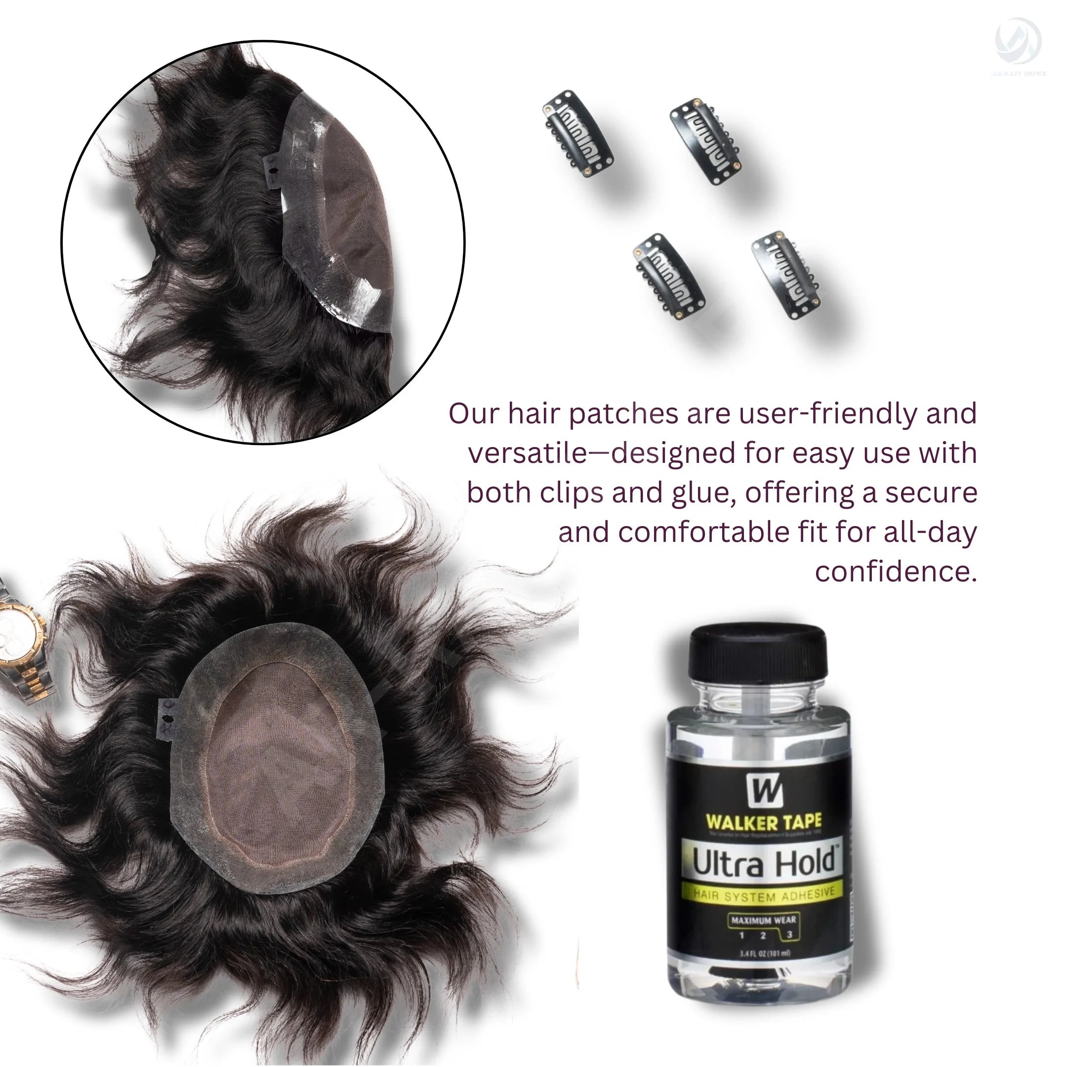 8x6 B M W Border Indian Remy Straight PU Glue/Clip in Hair Patch/Toupee for Men Basic Monofilament