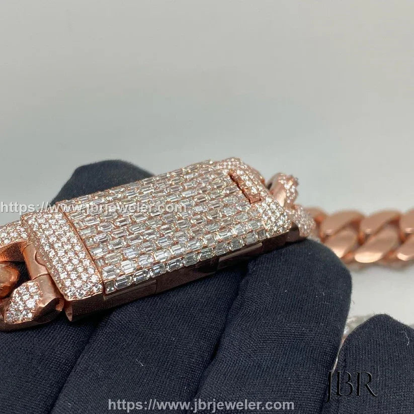 Popular Style 22mm Baguette VVS Moissanite Diamond Rose Gold Plated 925 Sterling Silver Iced Out Miami Cuban Link Chain For Men