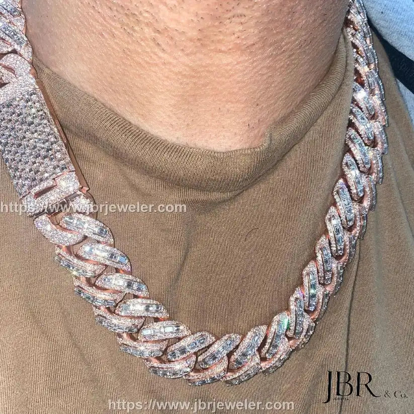 Popular Style 22mm Baguette VVS Moissanite Diamond Rose Gold Plated 925 Sterling Silver Iced Out Miami Cuban Link Chain For Men