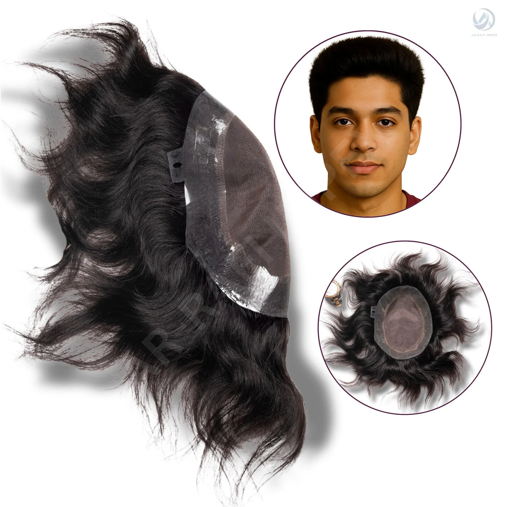 8x6 B M W Border Indian Remy Straight PU Glue/Clip in Hair Patch/Toupee for Men Basic Monofilament