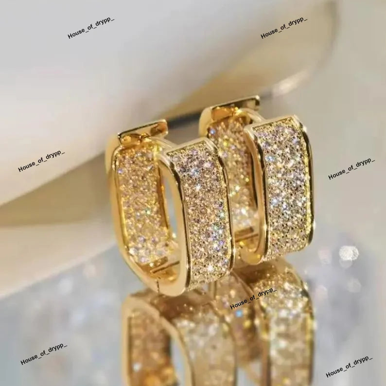 Luxury Rhodium Plated Hoop Earrings With Pave Setting Round Cut Moissanite Diamonds Iced Out Statement Hoops For Women