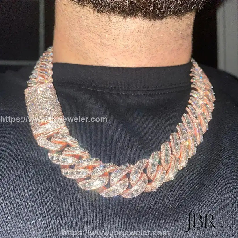 Popular Style 22mm Baguette VVS Moissanite Diamond Rose Gold Plated 925 Sterling Silver Iced Out Miami Cuban Link Chain For Men