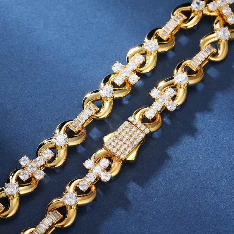 New Iced Out Moissanite Diamond Cross Infinity Bracelet With Baguette link Bracelet for Women & Men