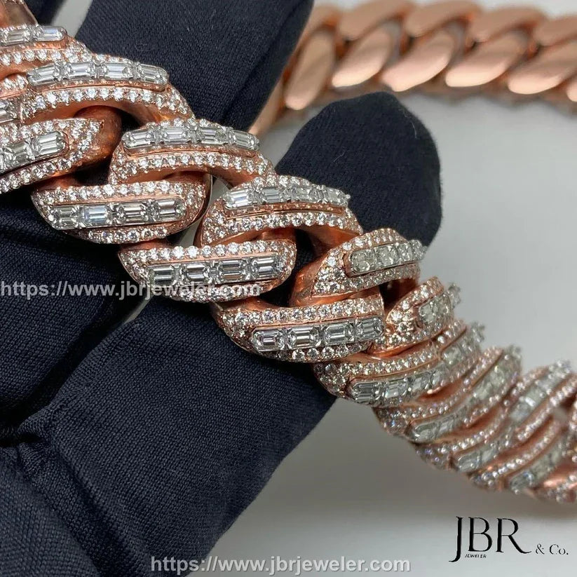 Popular Style 22mm Baguette VVS Moissanite Diamond Rose Gold Plated 925 Sterling Silver Iced Out Miami Cuban Link Chain For Men