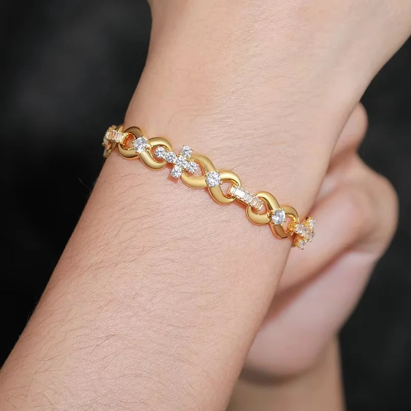 New Iced Out Moissanite Diamond Cross Infinity Bracelet With Baguette link Bracelet for Women & Men