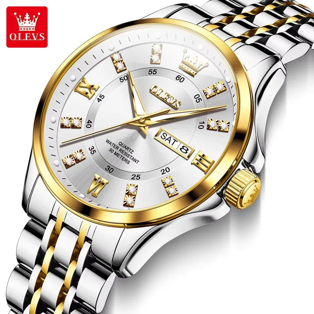 OLEVS 3620 Diamond Chronograph Quartz Watch — 41mm, Auto Date, Luminous