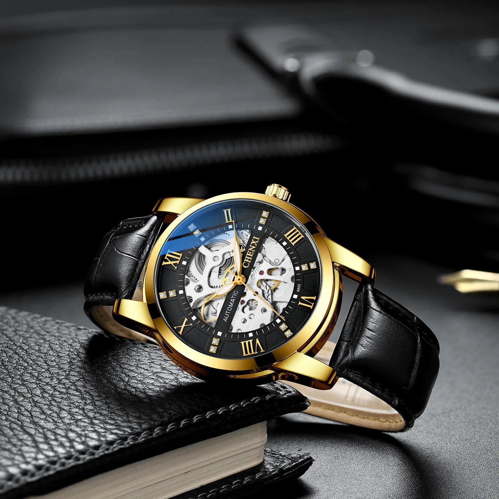 CHENXI 8802 Hollow Mechanical Watch — 40mm Oval, Leather Strap, Luminous