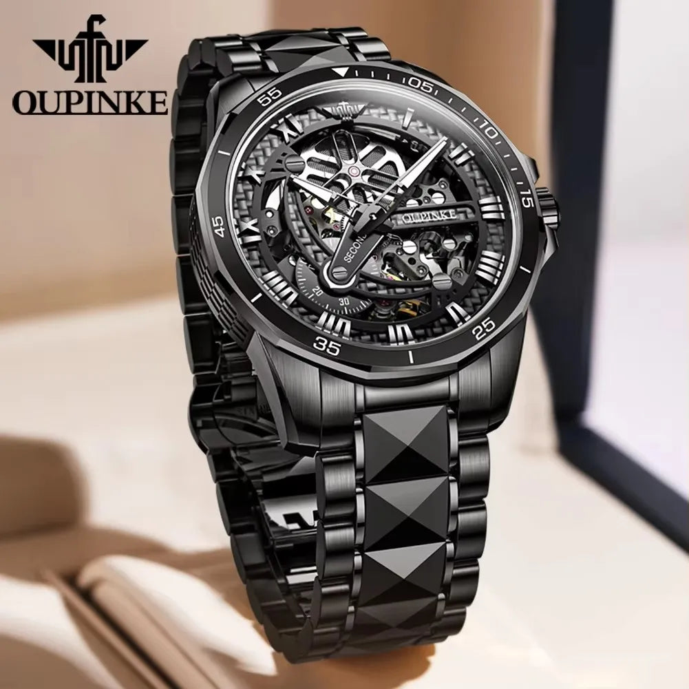 OUPINKE Tungsten Skeleton Automatic Watch — Sapphire, 5BAR, Week Display