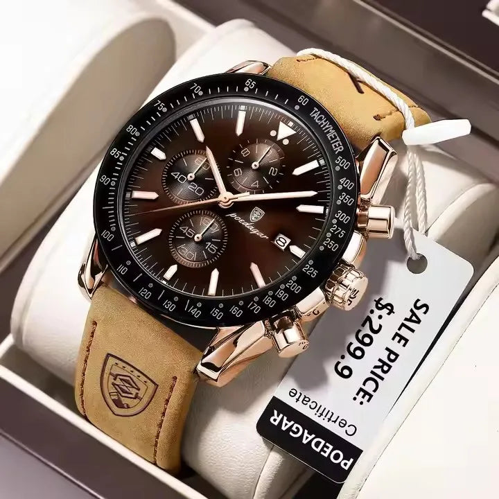 POEDAGAR 988 Chronograph Quartz Watch — 44mm Oval, Leather or Silicone