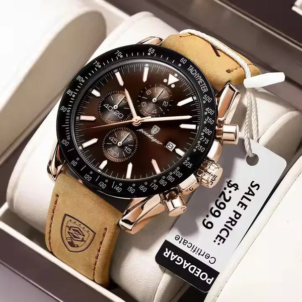 POEDAGAR 988 Chronograph Quartz Watch — 44mm Oval, Leather or Silicone