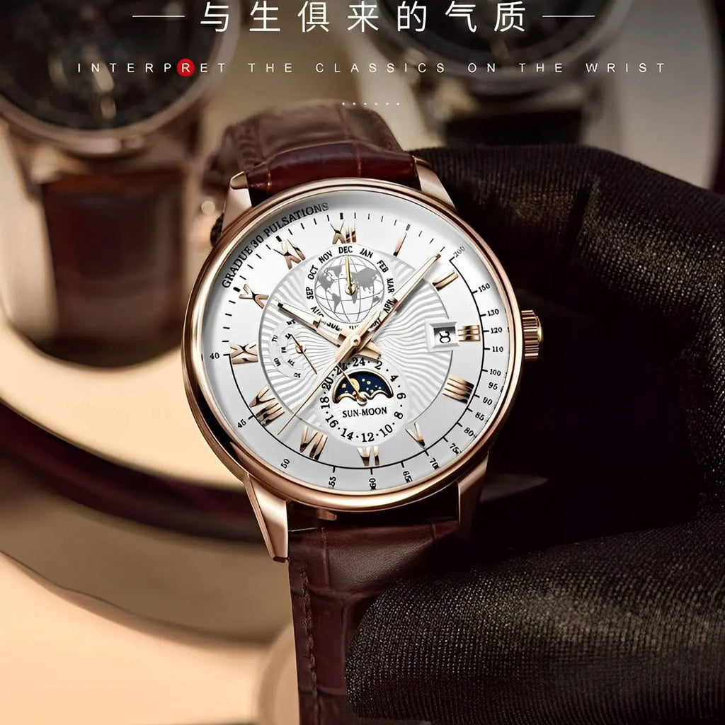 Men's Fashion Leather Oval Quartz Watch — 40mm, Day/Date, 3BAR