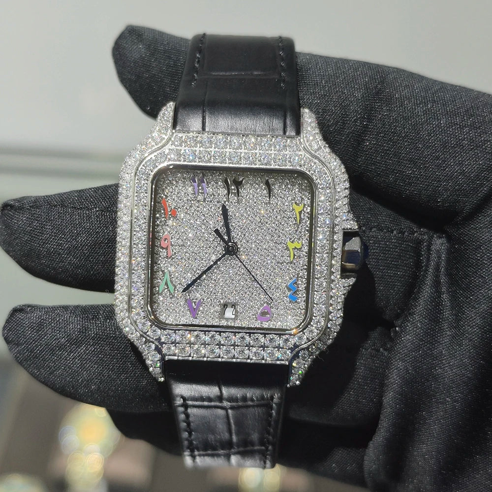 Hip Hop Square Moissanite Watch — Automatic, Leather Strap, Sapphire