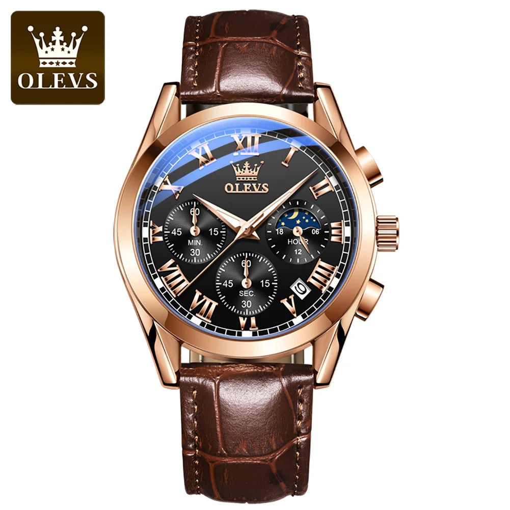 OLEVS 2871 Moon Phase Quartz Watch — 41mm, Leather, Hidden Clasp