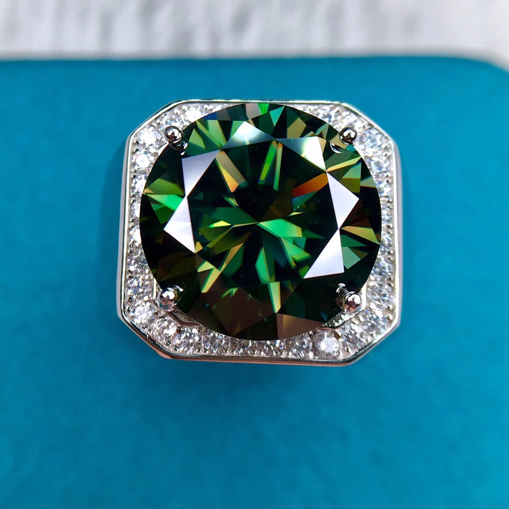 Silver 925 Original 10 Carat Excellent Cut Diamond Test Past Large Green Moissanite Ring for Men Gift Brilliant Gemstone Jewelry