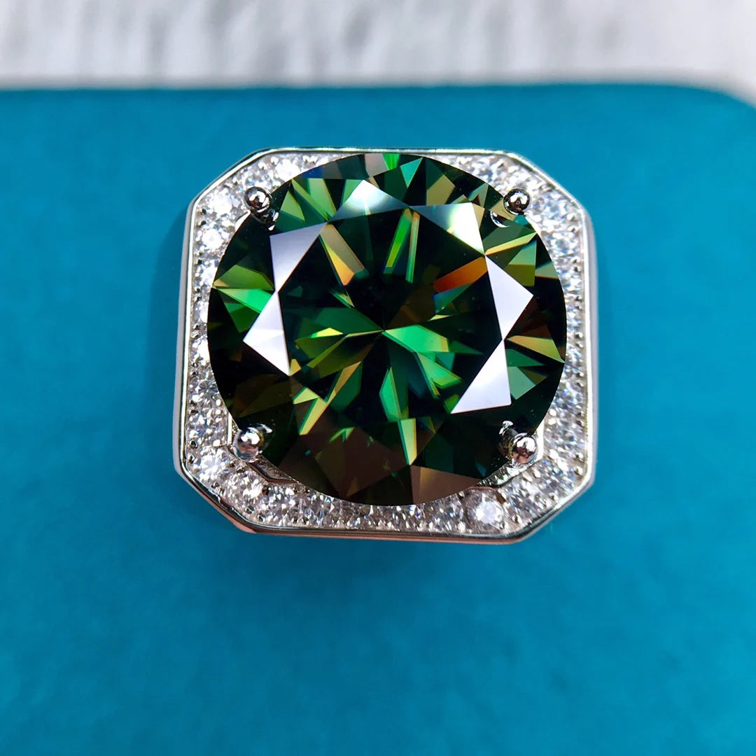 Silver 925 Original 10 Carat Excellent Cut Diamond Test Past Large Green Moissanite Ring for Men Gift Brilliant Gemstone Jewelry