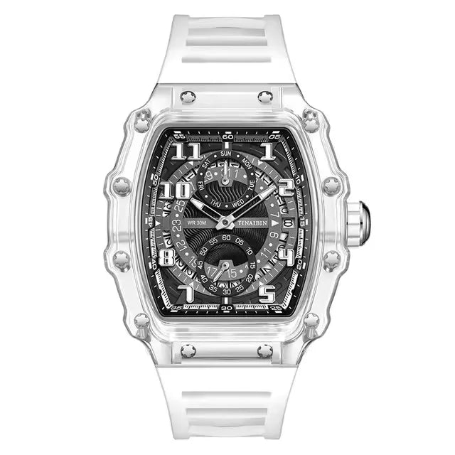 TINAIBIN Transparent Tonneau Quartz Sport Watch — 44.5mm, Luminous, 3BAR