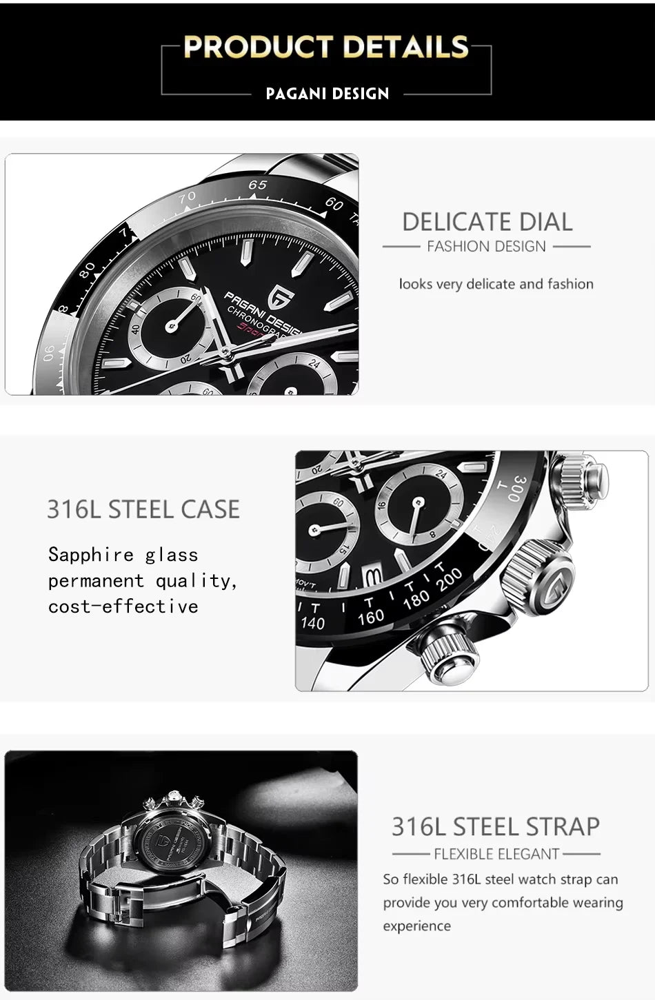 PAGANI DESIGN 1644 Rose Gold Diamond Chronograph Watch — Sapphire, 10BAR