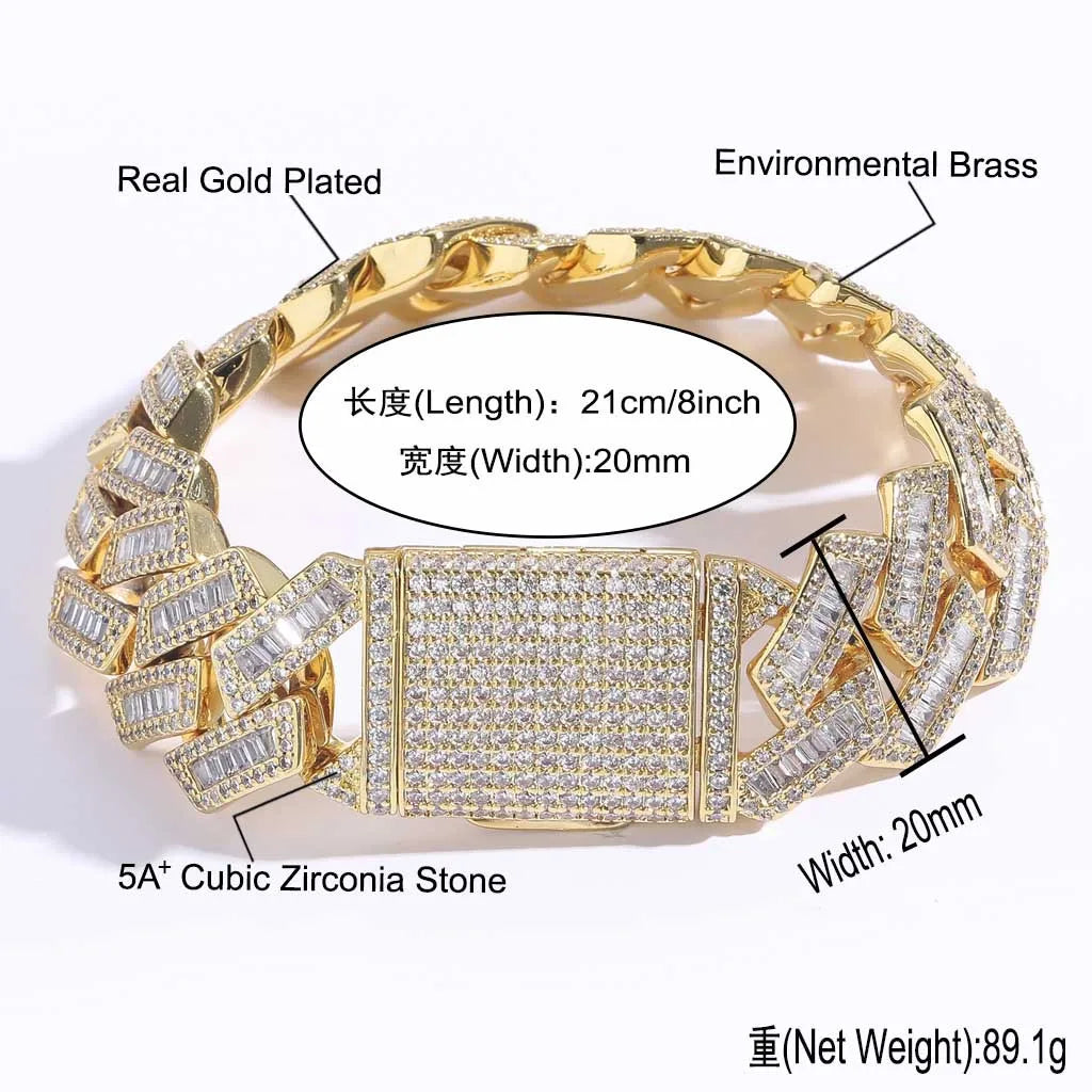 BES 20MM Hip Hop Jewelry New Baguette CZ Cuban Link Bracelet White Gold Plated Iced Out Miami Cuban Link Bracelet Bangle for Men