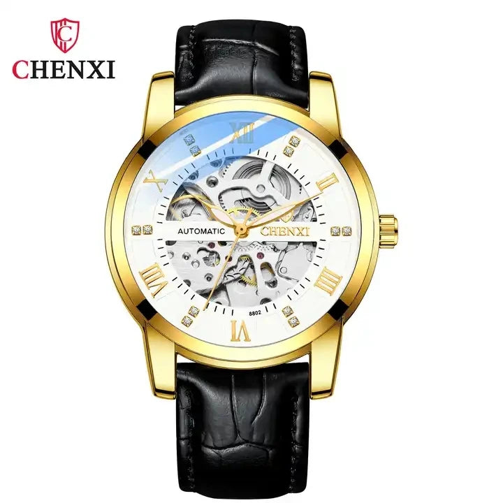 CHENXI 8802 Hollow Mechanical Watch — 40mm Oval, Leather Strap, Luminous