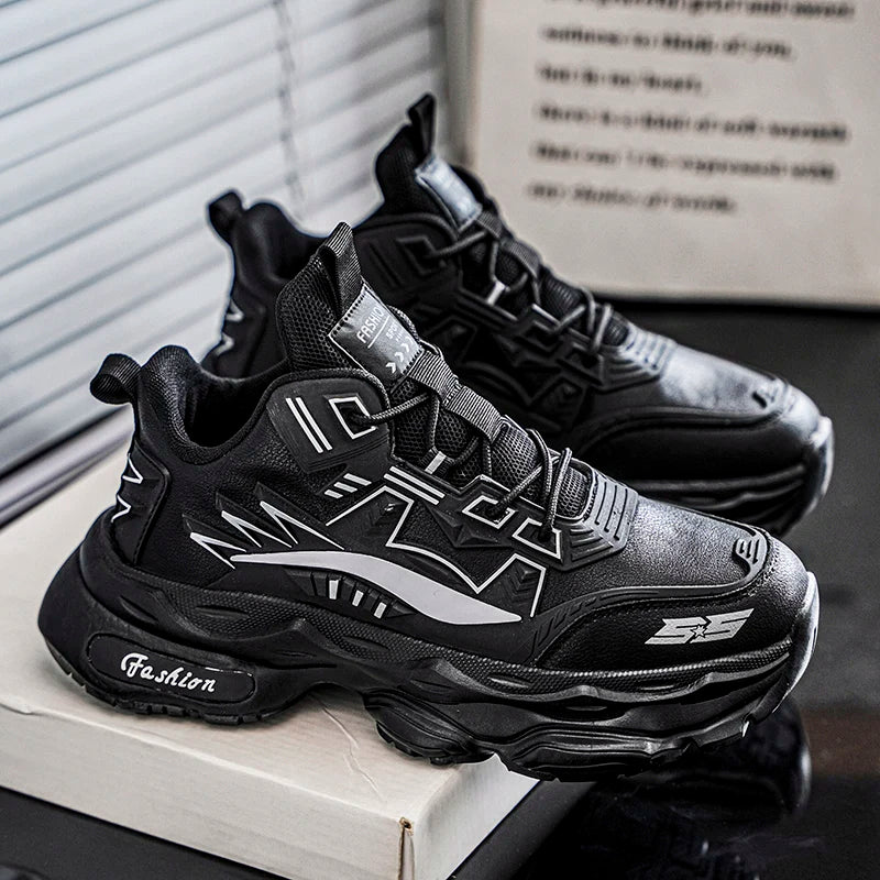 2025 Logo Custom Premium Synthetic Leather Breathable Mesh Chunky Sole Sneakers for Men Geometric Pattern Fashion Athletic Shoes