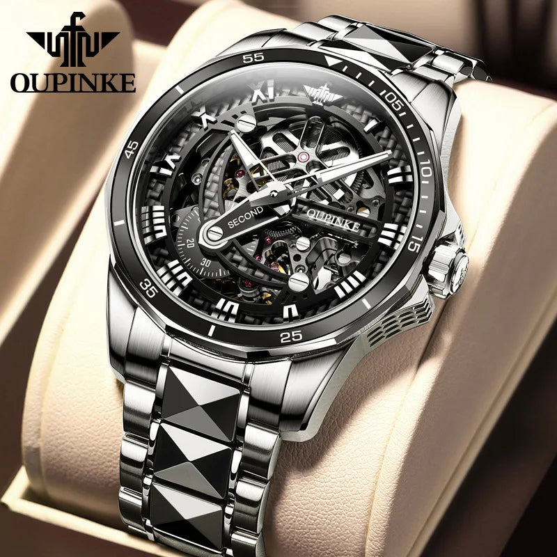 OUPINKE Tungsten Skeleton Automatic Watch — Sapphire, 5BAR, Week Display