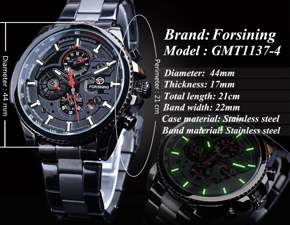 Forsining Three-Dial Automatic Mechanical Watch — 44mm, Day/Date