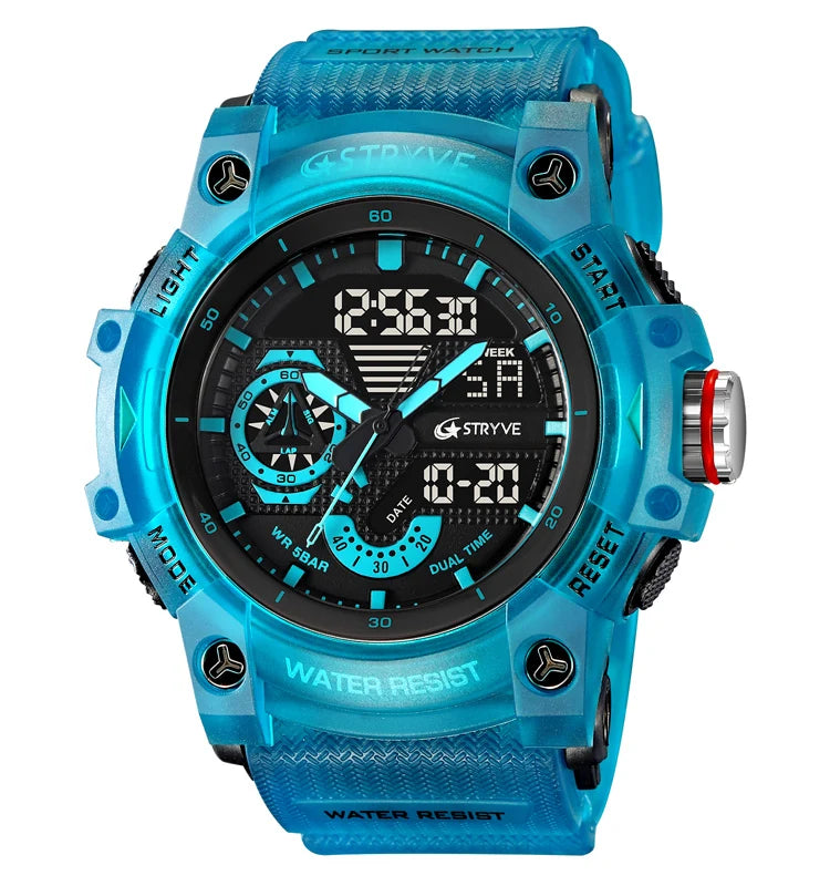 STRYVE LED Digital Watch — 52.5mm, Transparent, 5BAR, Alarm, Stopwatch