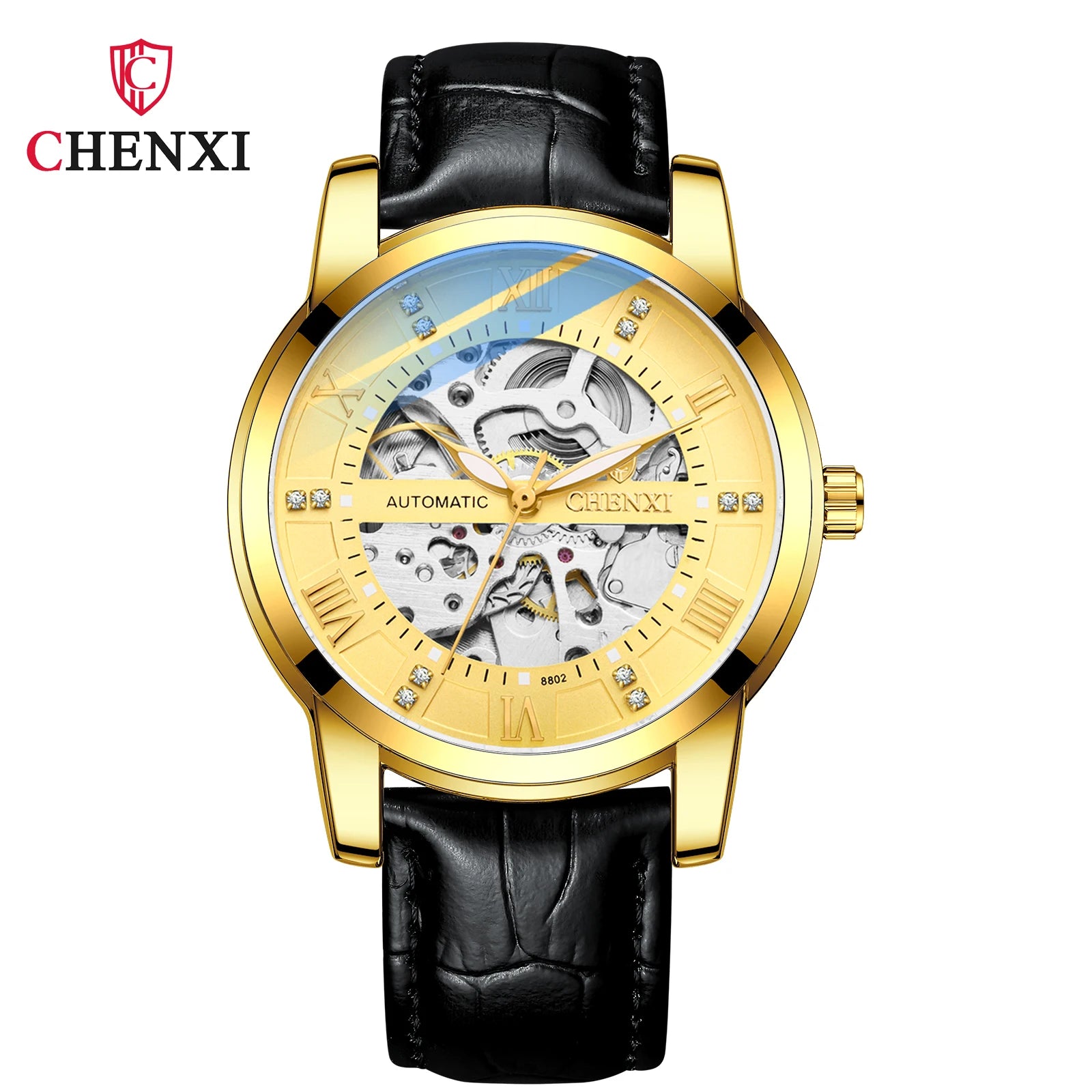 CHENXI 8802 Hollow Mechanical Watch — Oval Case, 40mm, Leather Strap