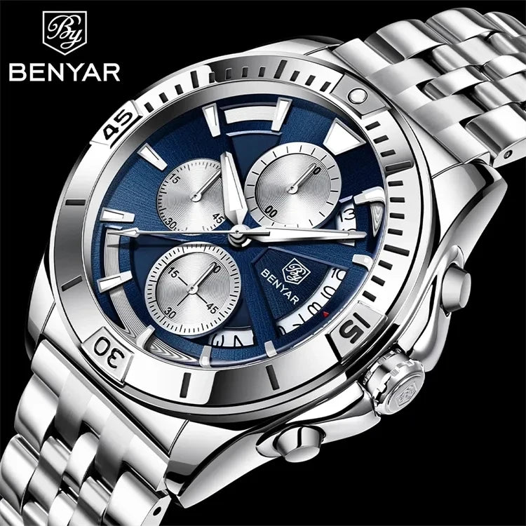 BENYAR 5180 Chronograph Quartz Watch — 43mm, Calendar, 3BAR