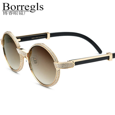 Borregls High-Quality Buffalo Horn Sunglasses Men Brand Designer Luxury Diamond Round Sun Glasses Women Buffs Eyeglasses 7550179