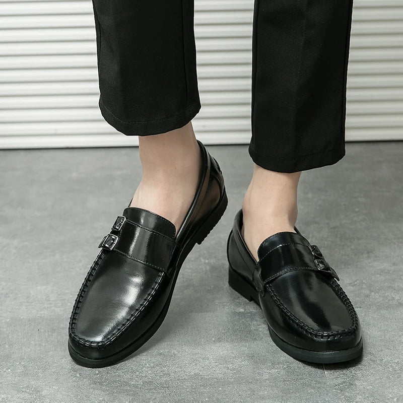 Red Color Double Monk Strap Shoes for Men Classic Comfortable Durable Flat Lightweight Slip on Casual Daily Dress Shoes