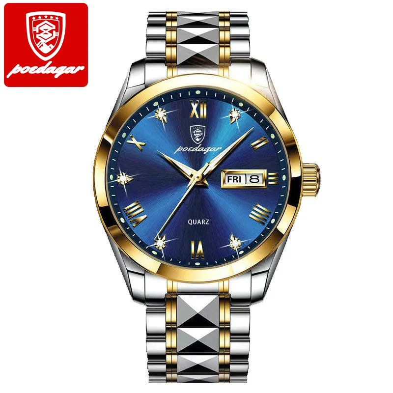 POEDAGAR Green Dial Stainless Sport Watch — Shock Resistant, Luminous, 3BAR